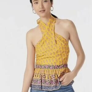 J. Crew Yellow Sunny Block Print Peplum Halter Top Small NWT